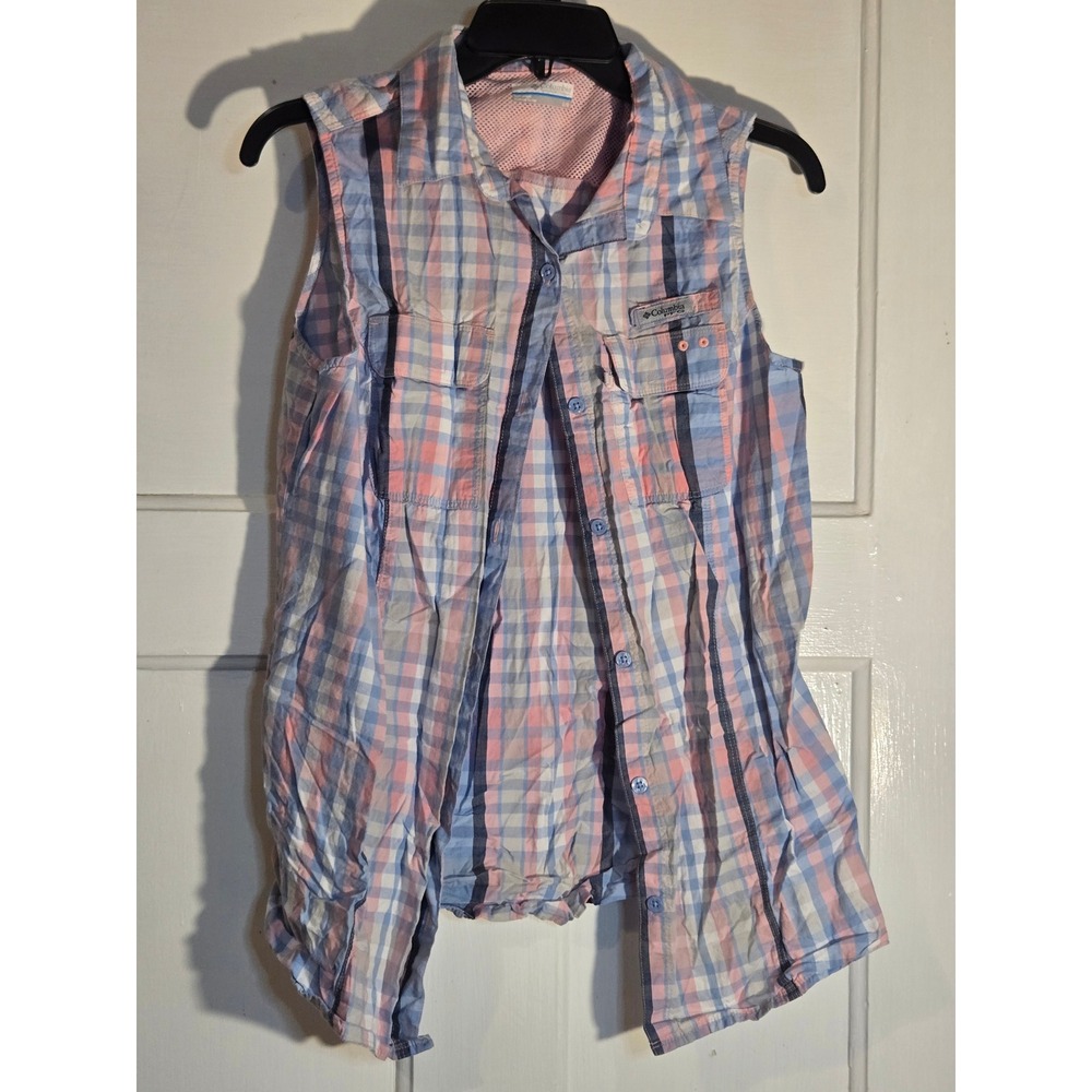 Columbia PFG Womens Large Sleeveless Fishing Shirt Plaid Pink Blue Mesh Vent